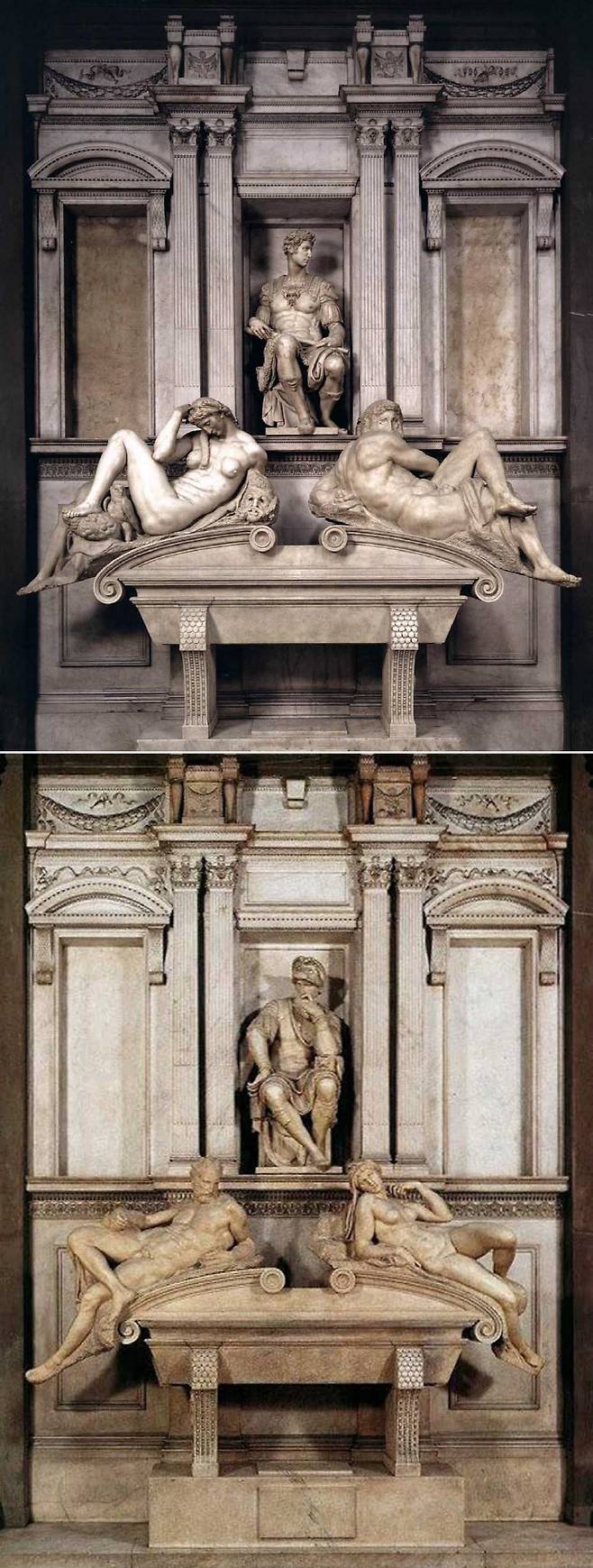 피렌체 산 로렌초 성당에 있는 메디치 가문의 분묘에는 느무르 공작 줄리아노(위)와 우르비노 공작 로렌초의 무덤(아래)이 마주보고 있다. 줄리아노의 발밑에는 ‘낮과 밤’, 로렌초의 발밑에는 ‘여명과 황혼’을 상징하는 남녀 한쌍 조각이 놓여있다. 시간의 반복을 보여주는 조각 위에 앉아있는 줄리아노와 로렌초는 영원한 세계에 도달한 것처럼 보인다.