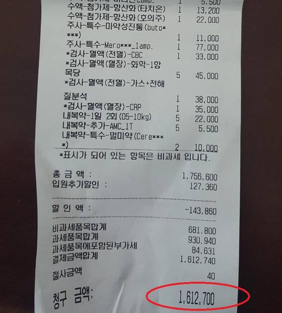 지난해 8월 한 온라인커뮤니티에 게시된 동물병원의 영수증. 161만원이 인쇄돼 있다. [사진 온라인커뮤니티]