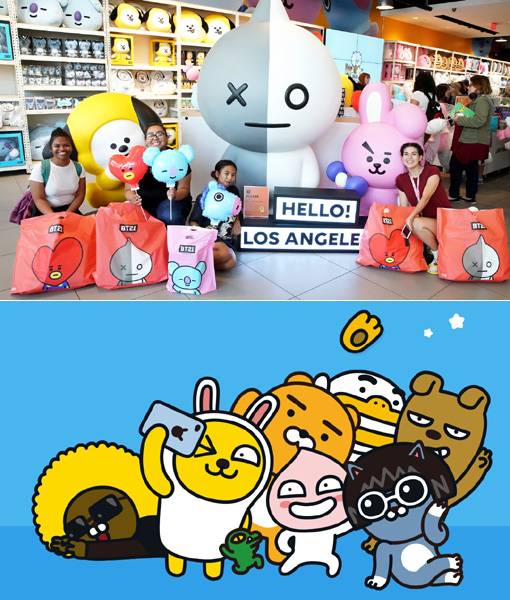 라인프렌즈가 미국 LA 할리우드에 오픈한 팝업스토어(위쪽)와 ‘2018 케이콘(KCON) LA’의 공식 후원사로 참여하는 카카오프렌즈 캐릭터. ‘K-캐릭터’가 캐릭터 산업의 본고장인 미국 진출에 박차를 가하고 있다. 사진제공｜라인프렌즈·카카오IX