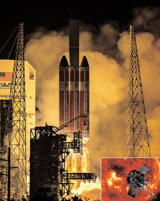 태양의 비밀 벗긴다… 첫 탐사선 ‘파커’ 우주 속으로 - 인류가 태양 탐사의 거대한 첫걸음을 내디뎠다. 미국 항공우주국(NASA)이 12일 오전 3시 31분(현지시간) 플로리다주 케이프커내버럴에서 발사한 ‘파커 태양 탐사선’이 델타4 로켓에 실려 공중으로 치솟고 있다. 파커 탐사선은 오는 11월 태양 궤도에 진입한 후 7년간 태양 주위를 24차례 근접해 돌며 태양풍 등 대기를 탐사한다. 작은 사진은 60년 전 태양풍의 존재를 예측한 유진 파커(91) 박사의 이름을 딴 탐사선이 태양 궤도를 도는 상상도. 케이프커내버럴 EPA 연합뉴스