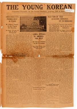 1922년 1월 27일자 The Young Korean. 한국의 독립을 호소하는 내용의 기사가 실렸다. [자료 국가보훈처]