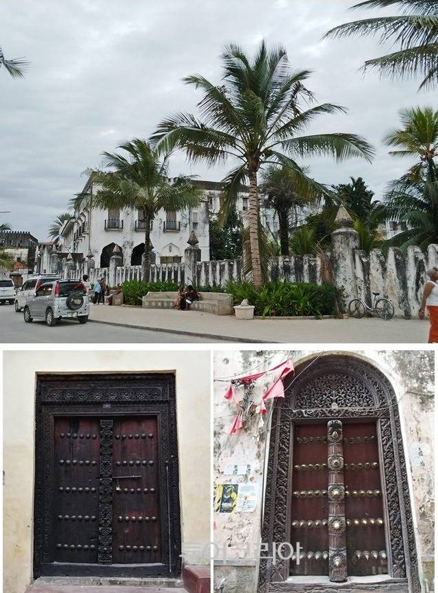 ▲ 스톤타운 골목. (위)유럽풍 건물, (아래 좌측)아랍스타일 대문, (아래 우측)인도식건축물 대문