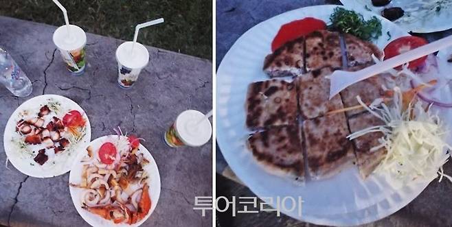 ▲ 야시장 먹거리. 해산물구이, 사탕수수주스, 잔지바르 피자