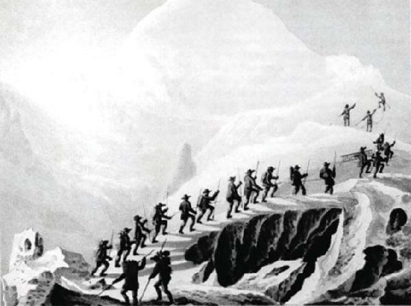 [월간산]1786년 몽블랑 초등 당시 만년설을 오르는 등산 모습을 그린 그림.
