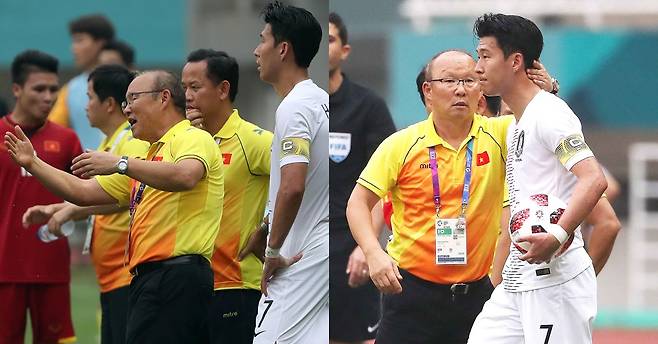 2018 자카르타·팔렘방 아시안게임 축구 한국-베트남의 준결승전이 29일 인도네시아 보고르 파칸사리 스타디움에서열렸다. 박항서 베트남 감독이 드로잉하려는 손흥민을 격려하고 있다. 보고르=김성룡 기자