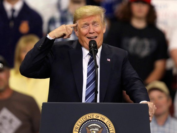 President Donald Trump speaks at a rally at the Rimrock Auto Arena in Billings, Mont., Thursday, Sept. 6, 2018. (AP Photo/Jim Urquhart)<All rights reserved by Yonhap News Agency>