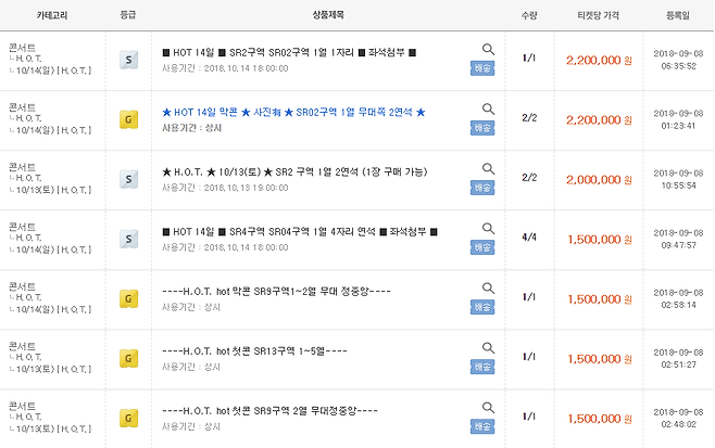 천정부지로 치솟은 암표 가격. 사진 | 티켓거래사이트 캡처