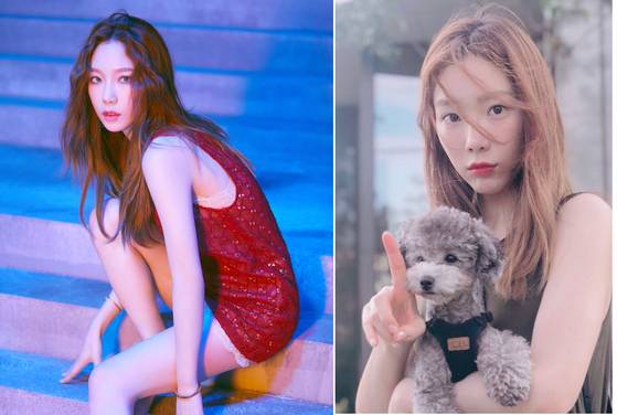 소녀시대 태연이 모습. 짙은 갈색 머리와 금발일 때의 모습을 비교해보면 금발이 확실이 눈에 더 띈다.