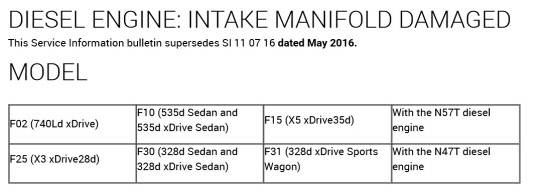11일 법무법인 해온이 입수한 'BMW 경유엔진 인테이크 매니폴드 데미지 기술(정비)자료'에 따르면 N57T 경유엔진을 사용하는 차량 4종과 N47T 경유엔진을 사용하는 차량 4종에서 바이패스가 고착, 지속해서 작동하고 밸브가 열린다는 내용이 명시돼있다. 이들 엔진을 적용한 차량은 F10(535d, 535 xDrive), F15(X5 xDrive), FO2(740Ld xDrive) 등 4종과 F25(X3 xDrive28d), F30(328d, 328d xDrive), F31(328d Drive 스포츠웨건) 4종 등 모두 8종이다. 이들 차종 중 535d, X5 xDrive, 740Ld xDrive 등 3종은 이번 리콜 대상 42종 명단에 포함된 차량이다. <법무법인 해온 제공>