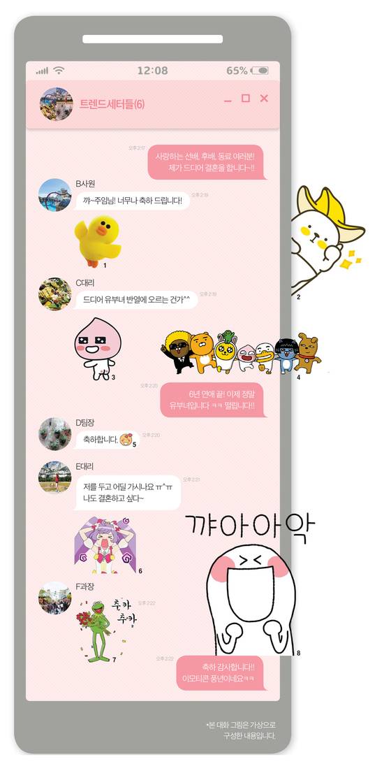 1 라인프렌즈 ‘샐리’ 2 ‘바나나떨이’ 3,4 카카오프렌즈 캐릭터 5 이모지 6 프리파라 ‘라라’ 7 디즈니 ‘개구리 커 밋’ 8 ‘올라’. [사진 각 업체]