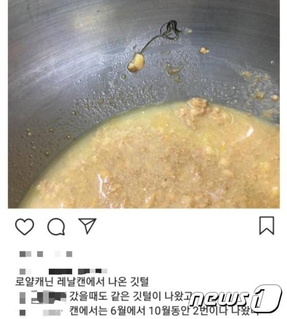 신장질환 처방식인 '레날캔'에서 나온 깃털.(사진 SNS 캡처)© News1