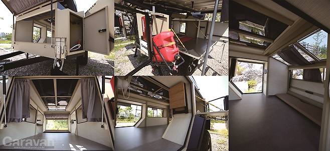 H-3의 실용적인 구조/ 전면부에는 온수난방 배치/좌우측에는 수납함이 설치되어 있고 각도 조절이 가능한 외부 청수탱크도 아이디어가 돋보인다