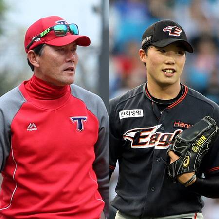 KIA 김민호 코치와 한화 김성훈. KIA 타이거즈·한화 이글스 제공