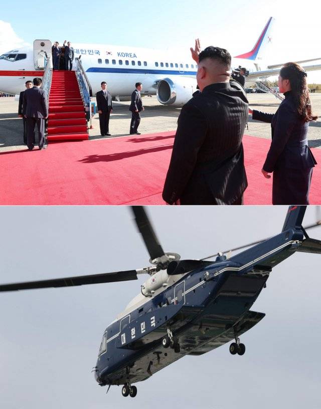 문재인 대통령이 백두산을 방문할 때 이용한 공군2호기(위)와 대통령 전용 헬기(아래). 공군2호기는 737-300 기종으로  1985년부터 정부가 직접 운용하고 있습니다. 헬기는 시콜스키社의 S-92를 VIP수송용으로 개조한 VH-92. 사진=원대연 기자  yeon72@donga.com·평양사진공동취재단