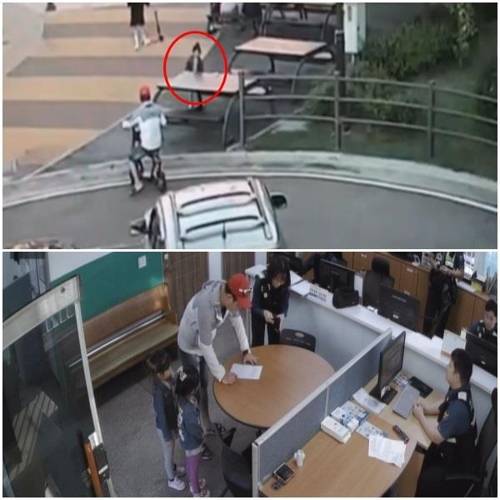 지갑 주워 주인찾아준 쌍둥이 자매 (평택=연합뉴스) 지난달 23일 오후 경기 평택의 한 어린이 공원에서 놀던 박지후(5)·박지연(5) 양이 지갑을 줍는 모습(위). 이어 두 자매가 아빠와 함께 인근 파출소로 가 신고하는 모습(아래). [경기남부지방경찰청 제공]