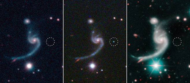 세 장의 이미지 속에 각각의 점선으로 된 동그라미는 지구에서 약 9억2000만 광년 떨어진 한 나선은하의 변두리에서 희미한 초신성(iPTF14gqr)이 폭발하기 전과 중, 그리고 후의 모습을 보여준다.