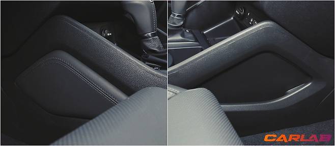 재치 있게 처리한 센터터널 무릎 부분. 운전석(좌)은 쿠션을 동승석(우)은 수납공간을 마련했다