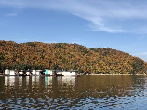 파로호에 낚시 좌대가 설치돼 있다. 천권필 기자.