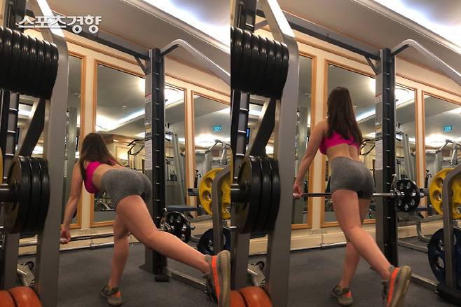 원 레그 런지. 시범을 볼 때는 한쪽 다리를 들고 바벨을 들어올리는 것이 가능할까 싶었는데, 막상 해보니 오히려 한쪽 엉덩이 근육만으로 바벨을 들어올리는데 집중하기 쉬웠다.