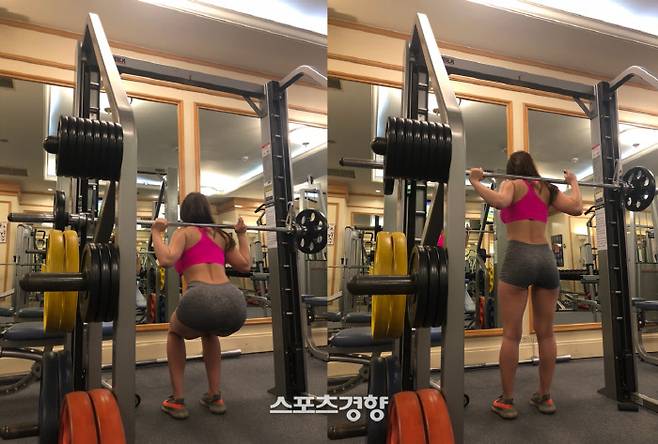 기본 스쿼트 동작. 무거운 바벨을 어깨에 메고 운동하는 건 처음이었다.