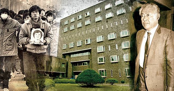 1987년 1월 박종철 열사가 경찰의 고문을 받던 중 숨진 옛 남영동 대공분실 건물의 전경. 좁은 창이 나 있는 5층에 고문이 이뤄졌던 조사실들이 있다. 그래픽에서 경찰 대공 업무를 주도한 박처원 전 대공분실장(오른쪽)과 1987년 1월 박종철의 영정사진을 들고 시위를 벌이는 학생들의 모습(왼쪽)을 마주보고 배치했다. 그래픽 이정윤 기자 bbool@hani.co.kr, 사진 <한겨레> 자료사진과 ‘1988년 보도사진연감’