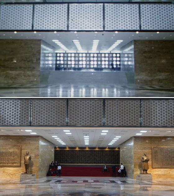 국회 로툰다 홀에서 뒤를 바라본 모습. 윗쪽 사진은 1975년 건립 당시 모습이며, 아랫쪽 사진은 현재 모습. 과거엔 로툰다에서 한강이 보였지만, 지금은 벽으로 막혀 있다. [윤성민 기자, KTV]