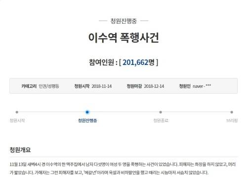 청와대 국민청원 게시판에 올라온 ‘이수역 폭행사건’이란 제목의 청원글. 국민청원 게시판 캡처