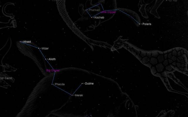 북두칠성과 작은곰자리의 북극성을 보여주는 하늘지도. 출처=Starry Night Software