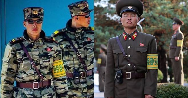 북한 전문 여행사 '고려 투어스'의 리치 빌 매니저가 지난 14일 촬영한 JSA 내 북한군 병사들(왼쪽), 10월 26일 판문점 북측에서 비무장 조치 후 근무 중인 북한군 모습. [뉴스1·사진공동취재단]