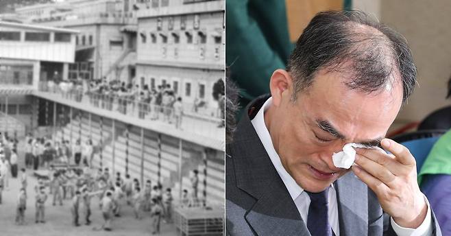 1987년 당시 형제복지원 모습(왼쪽). 문무일 검찰총장은 27일 ‘형제복지원 사건’ 피해자들을 만나 피해자들의 진술을 들으며 눈물을 흘렸다. [중앙포토] 임현동 기자