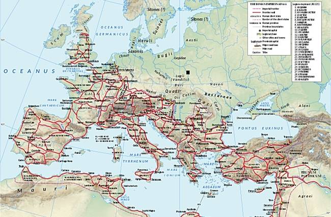 하드리아누스 황제 시절(서기 117-138년) 로마제국의 도로망 그림=Wikipedia
