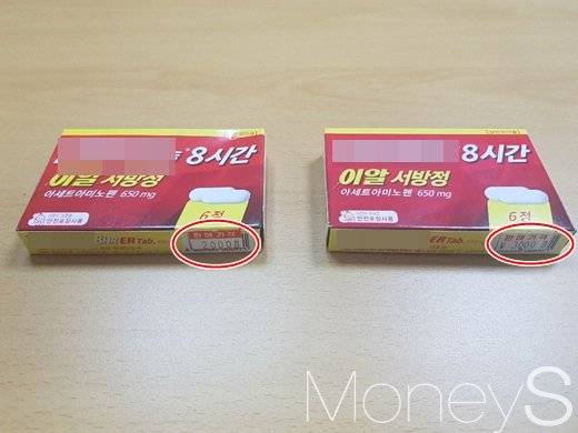 시중에 있는 일반 약국에서 구매한 두통약(왼쪽)과 인천국제공항 내 입점해 있는 약국에서 구매한 두통약. /사진=류은혁 기자