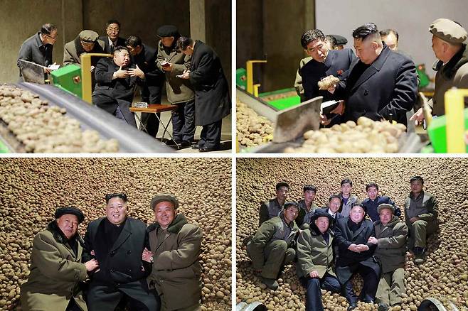 김 위원장이 삼지연감자가루생산공장의 감자 저장고를 둘러보고 감자 더미에 앉아 현지 간부들과 기념사진을 찍는 모습(사진=연합뉴스)
