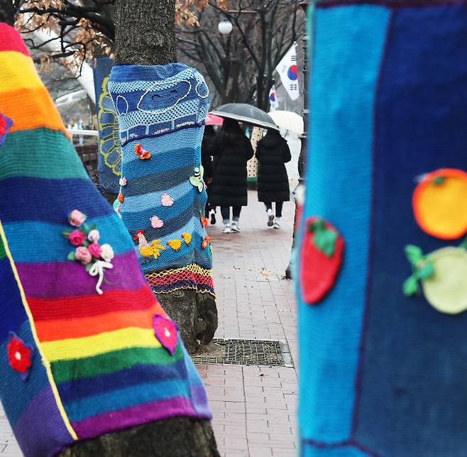 겨울비가 내린 3일 오전 경기도 안양시 만안구 안양예술공원 인근에서 우산을 쓴 시민들이 방한용 털옷을 입은 가로수 길을 걷고 있다.    | 연합뉴스