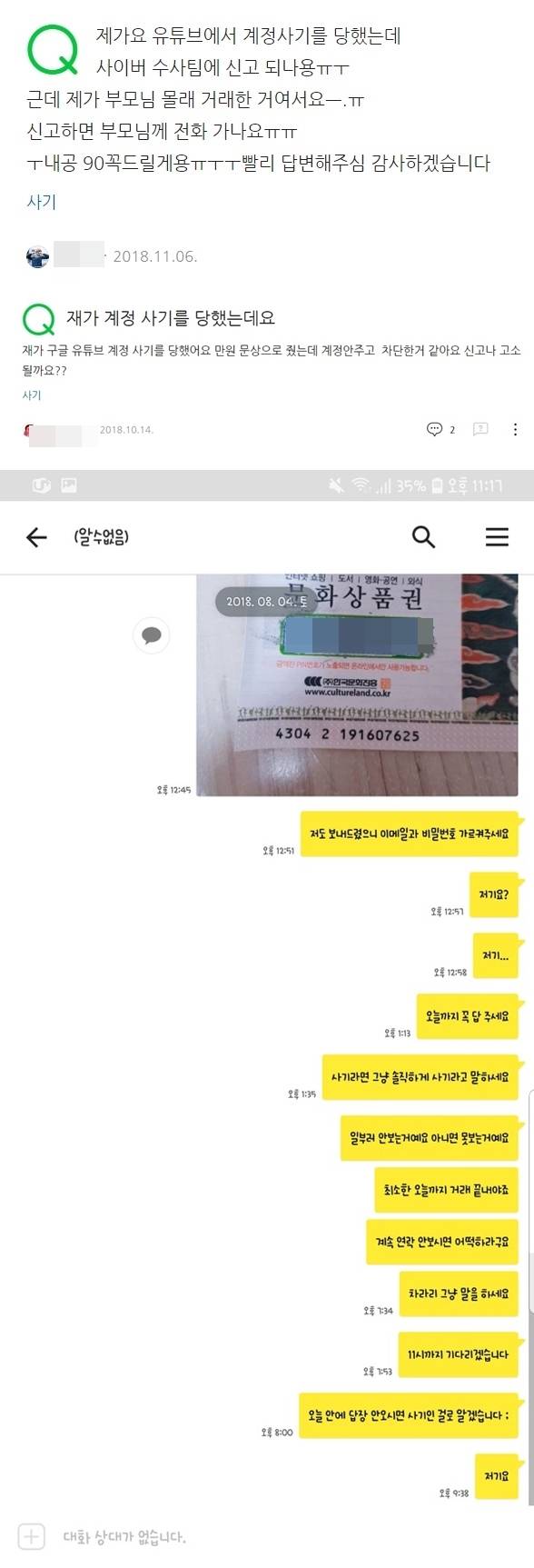 포털사이트에 올라온 ‘유튜브 계정 사기를 당했다’며 올라온 글들. 포털사이트 갈무리