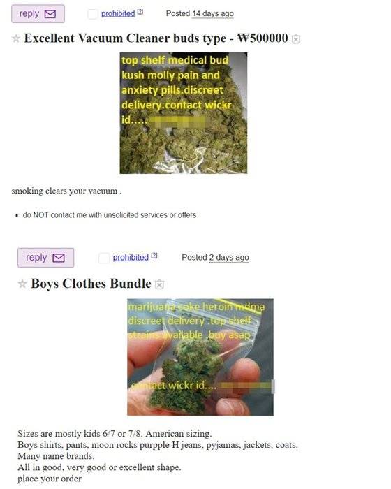 미국의 중고나라로 불리는 크레이그리스트 사이트 내 서울 게시판에도 관련 글을 찾을 수 있다. 모니터링 검색에 걸리지 않에 중고 청소기, 중고 아동복 판매글 처럼 위장했다. [크레이그리스트 사이트 캡처]