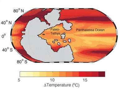 대멸종 사태로 빚어진 초대륙 판게아(회색) 주변 해역의 수온 상승. 펜 외 (2018) 사이언스 제공.