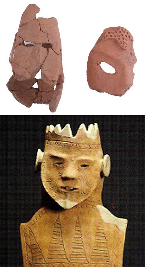 전남 함평군 방대형 고분에서 출토된 사람 얼굴 모양의 인물식륜. 일본 돗토리현에서 발견된 식륜(아래 사진)과 유사 한 모양으로 코 주변에 수염을 표시하는 등 자세한 묘사가 돋보인다.