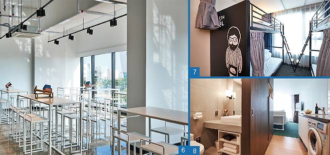 체이슨호텔 내 객실에는 세탁기, 전자레인지, 냉장고 등이 비치돼 있어 장기 투숙에도 걸맞다.  1~5. 1차 호텔 체이슨호텔 더 스마일 2, 7. 제주 출신 갑빠오(고명신) 작가의 일러스트레이션이 곳곳에 있다. 6~8. 2차 호텔 체이슨호텔 더 리드. 아이콘 폰트를 주제로 디자인한 호텔 더 리드는 책, 워라밸, 아트 프로젝트를 테마로 꾸며졌다.