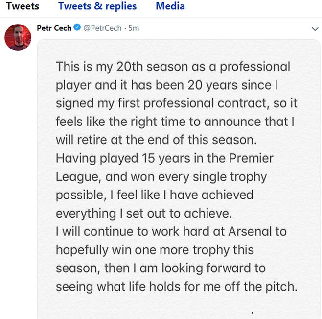 ▲ 체흐, 현역 은퇴 선언 ⓒ 체흐 공식 트위터