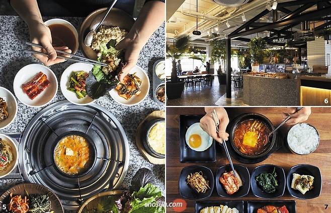 5 11종의 쌈을 뷔페식으로 골라 먹을 수 있는 ‘다채 동대문점’의 ‘청국장쌈밥’.  6 24시간 쌈밥 뷔페 ‘다채 동대문점’ 아래층에 자리한 24시간 카페와 베이커리.  7 신당동 ‘만경식당’의 소박한 가정식백반./장은주 영상미디어 객원기자