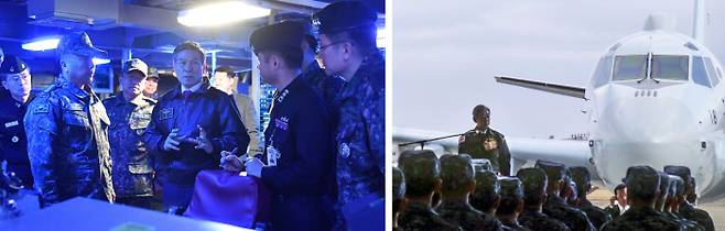 해군사령부로, 공군기지로 ‘맞불 행보’ 정경두 국방부 장관(왼쪽 사진 가운데)이 지난 26일 초계기 조종사 가죽점퍼를 입고 부산 해군작전사령부 부두에 출항 준비 중인 세종대왕함 전투통제실을 방문해 일본 해상초계기 위협비행에 강력한 대응을 지시하고 있다. 이와야 다케시 일본 방위상이 25일 초계기가 배치된 가나가와현 아쓰기 기지를 찾아 가슴에 손을 얹고 지속적 경계 감시활동을 당부하고 있다(오른쪽 사진).  연합뉴스