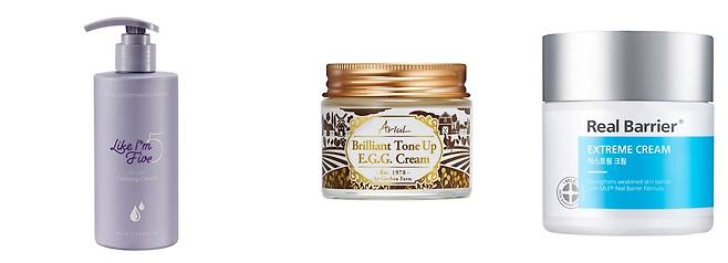 라이크아임파이브 ‘올 데이 카밍 크림’, 아리얼 ‘브릴리언트 톤업 EGG 크림’, 리얼베리어 ‘익스트림 크림’