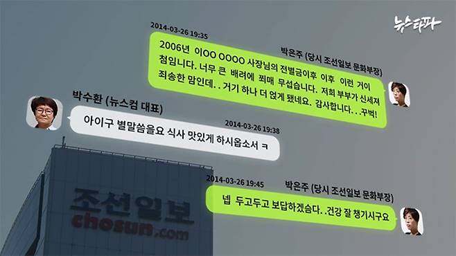 ▲ 지난 2014년 3월 박수환 전 뉴스컴 대표와 박은주 조선일보 디지털편집국 사회부장이 주고받은 문자 내용. 사진=뉴스타파