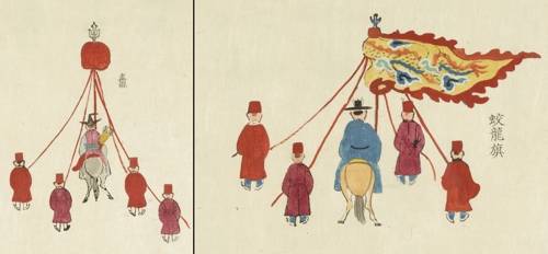 둑(왼쪽)과 교룡기 순조순원왕후가례도감의궤. 프랑스 국립도서관 소장. [국립고궁박물관 제공]