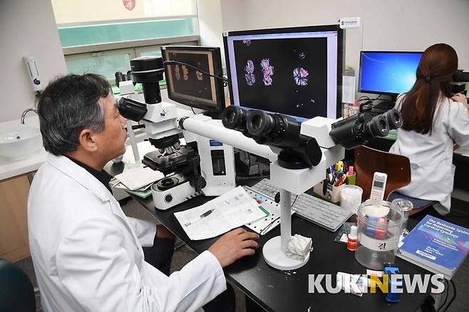 김 교수가 자신의 연구실에서 환자의 암 조직을 살펴보고 있다.그는 '병리학자의 눈으로 보면 단순히 암세포나 바이러스, 세균이 퍼져 있는 모습이지만 인문학적 상상력을 동원해 살펴보면 새로운 세계가 펼쳐진다.'고 말한다.