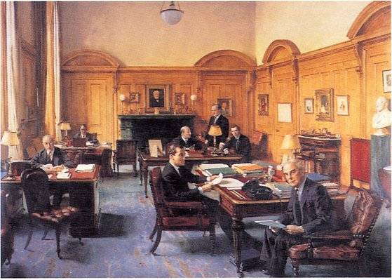 로스차일드 가문은 어떻게 5경이 넘는 재산을 축적할 수 있었을까? 아마 빌헬름 왕과의 인연, 나폴레옹 전쟁, 산업혁명의 영향과 관련있을 것이다. 사진은 1960년대 회사 집무실에 모여 앉은 로스차일드 가족들. [사진 21세기북스]