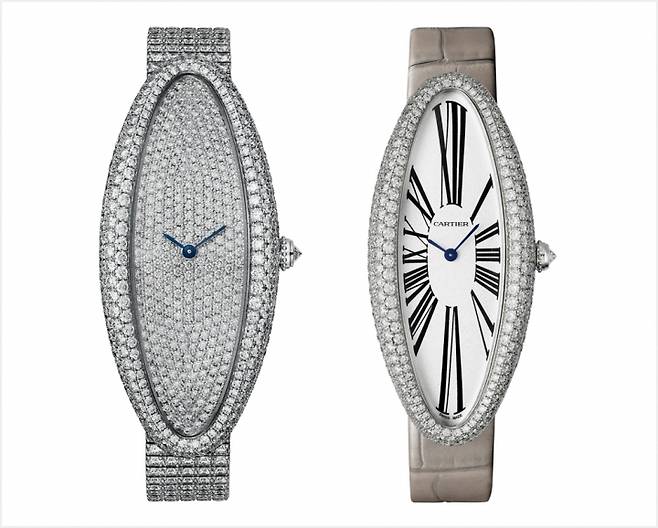 사진 : CARTIER, 베누아 알롱제 워치 (좌) Extra Large 모델 - 화이트 골드, 브릴리언트 컷 다이아몬드가 세팅된 케이스 및 다이얼, 브레이슬릿, (다이아몬드 894개, 약 12.76캐럿 / MEDIUM 모델- 다이아몬드 857개, 약 11.68캐럿), 1917 MC 매뉴얼 무브먼트. (우) Extra Large 모델 - 화이트 골드, 브릴리언트 컷 다이아몬드가 세팅된 케이스, 그레이 앨리게이터 가죽 스트랩, 1917 MC 매뉴얼 무브먼트. © Cartier