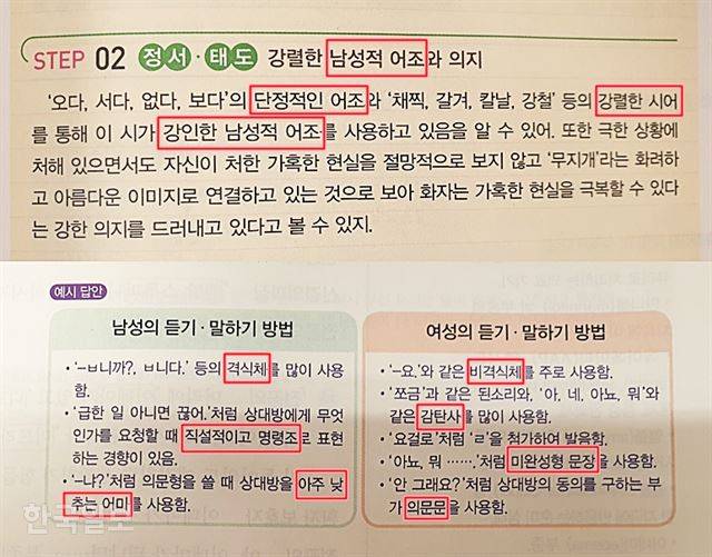 시중에서 판매 중인 국어교과 참고서 속 여성적, 남성적 어조에 대한 설명. 박지윤 기자