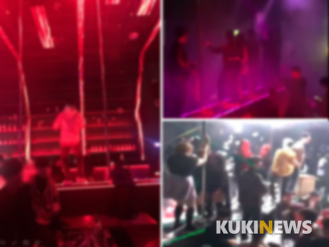 사진= 클럽 러브시그널 무대 위에서 춤 추는 사람들. 쿠키뉴스 촬영(좌), SNS 캡처(우)